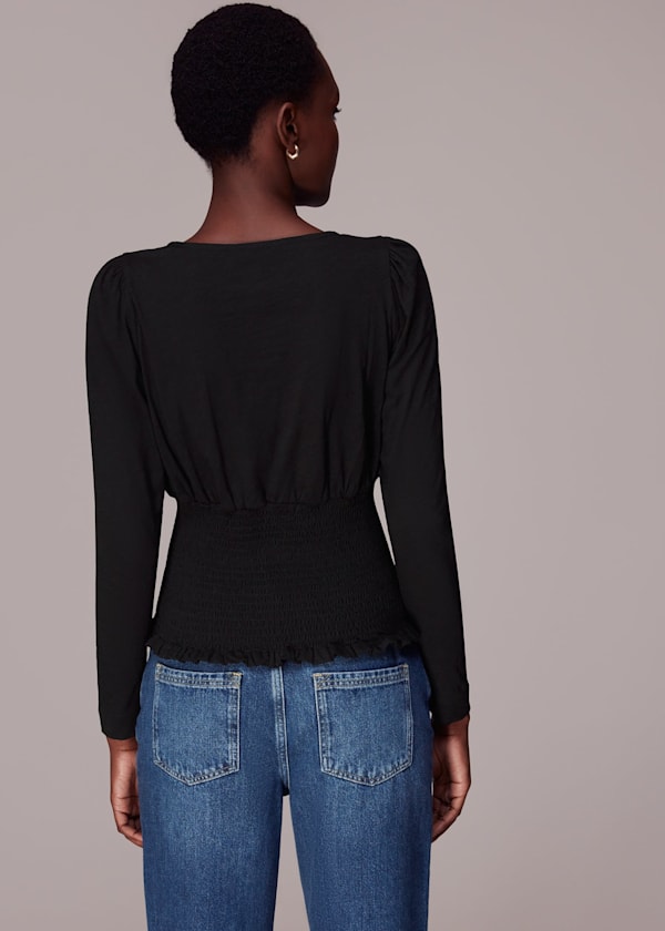 Black Square Neck Shirred Top